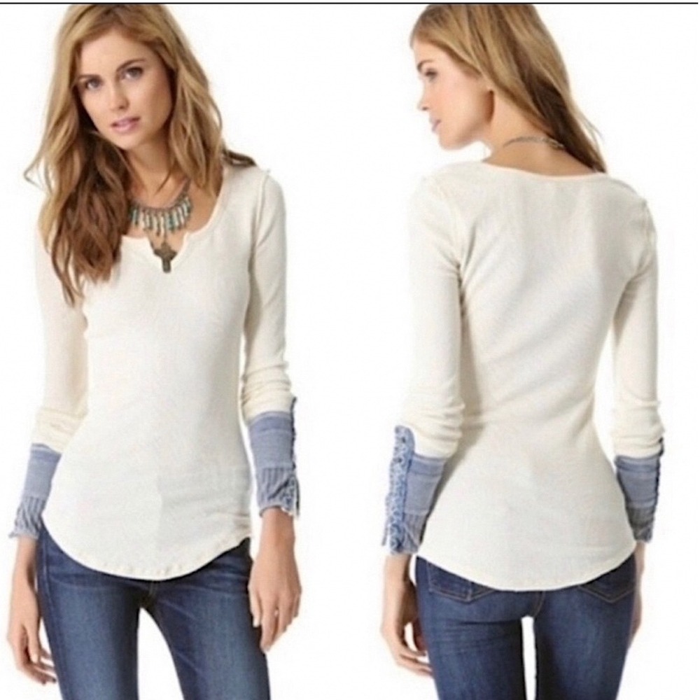 Free People We The Free Thermal Top Cream‎ Waffle Knit Denim Patchwork Cuffs L